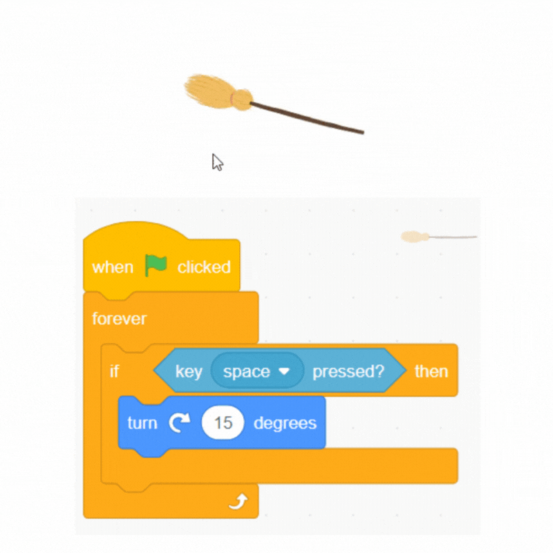 اختبر معلوماتك عن سكراتش - الأمر "إذا" أو "if" 28 السؤال ماذا يجب أن نفعل حتى تدور العصا؟