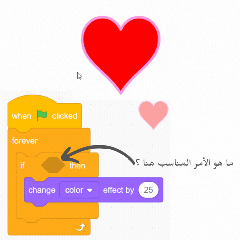 اختبر معلوماتك عن سكراتش - الأمر "إذا" أو "if" 11 سؤال حول الشرط المناسب لتغيير لون القلب