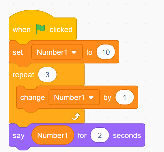 اختبر معلوماتك عن المتغيرات variables في سكراتش 13 ما هو قيمة المتغير ، لاحظ وجود التكرار