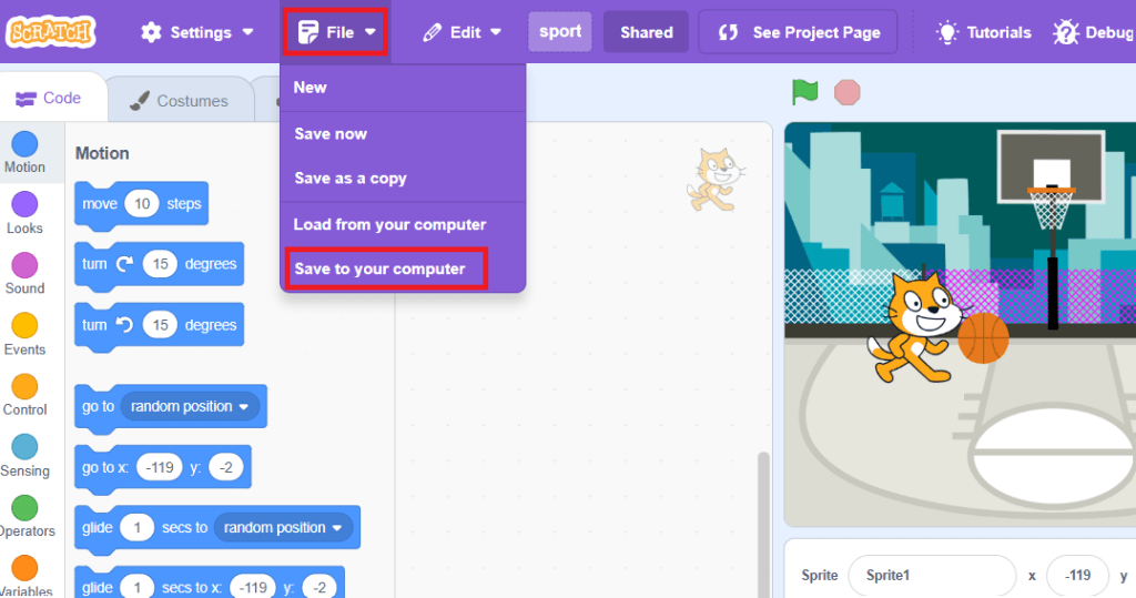 كيف أنشر لعبة سكراتش؟ 15 save on your computer